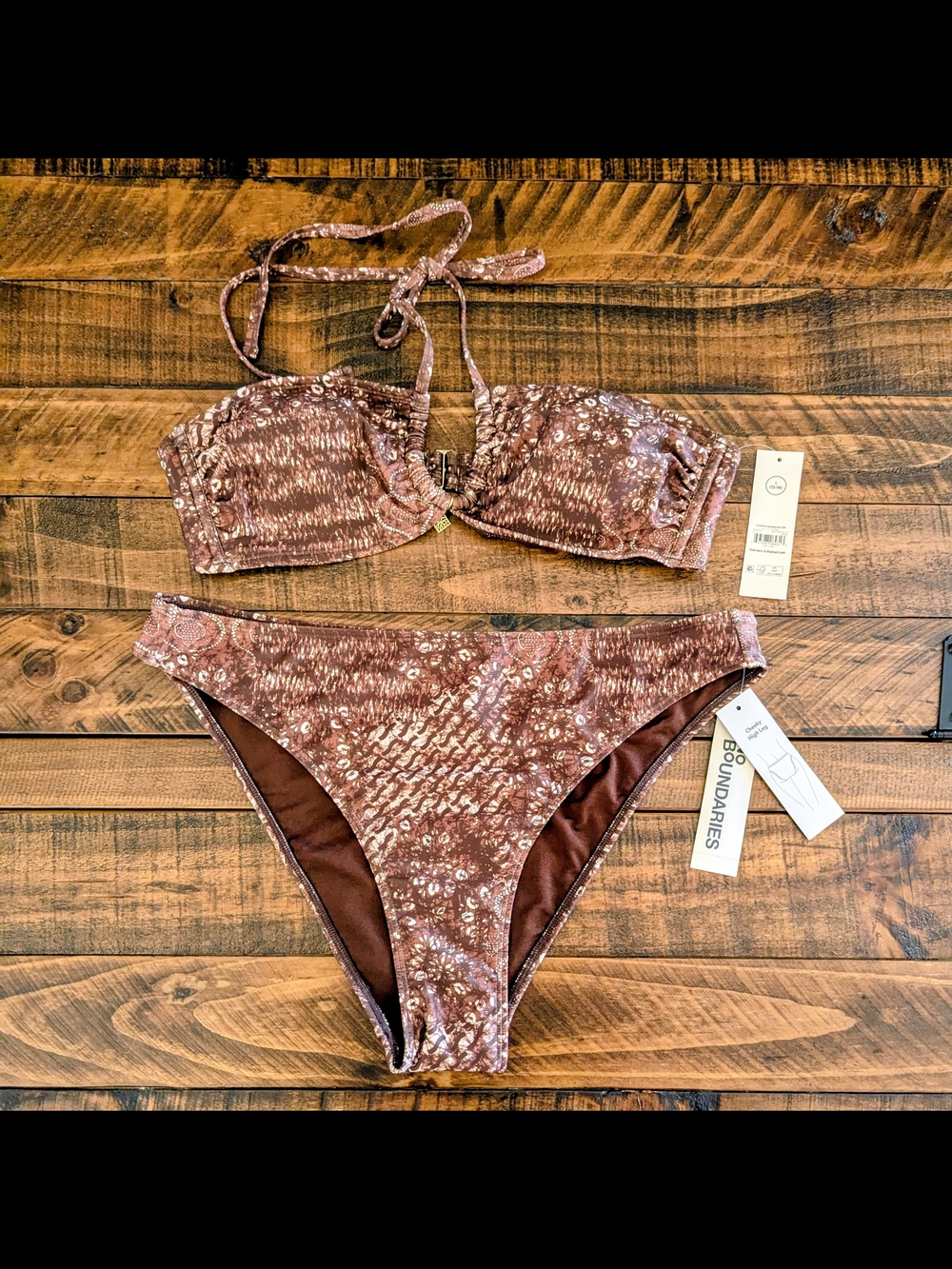 No Boundaries Bikini Set Brown Print Halter Cheeky High Leg Large 12-14 NWT